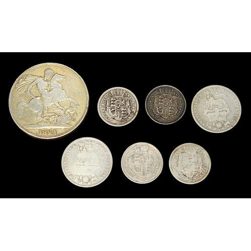 846 - A George IV Silver Crown, 1821, and two Shillings, both dated 1826, together with four George III si... 