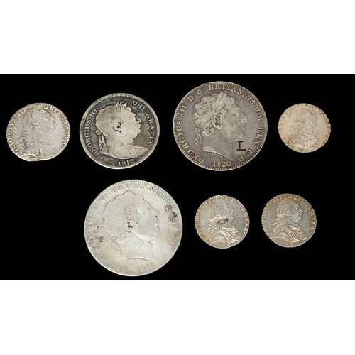 845 - Two George III Silver Crowns, 1819 and 1820, together with a half Crown, 1817, a Shilling 1787, and ... 