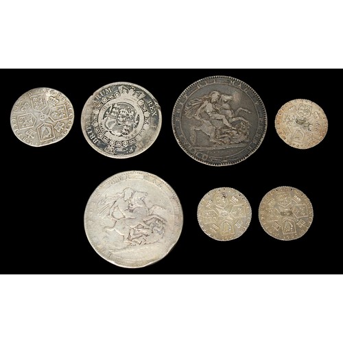 845 - Two George III Silver Crowns, 1819 and 1820, together with a half Crown, 1817, a Shilling 1787, and ... 