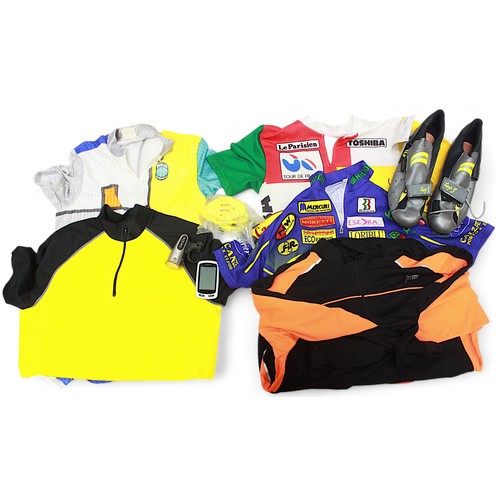 255 - A collection of various cycling clothing and accessories, including a quantity of various cycling je... 