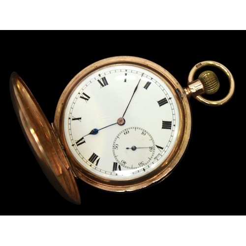 46 - A 9ct gold full-hunter pocket watch, the white enamel dial with Roman numerals denoting hours and su... 