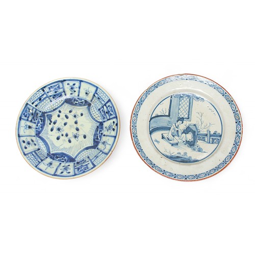 305 - A Liverpool delft tin-glazed earthenware plate, with central blue and white Chinoiserie scene depict... 