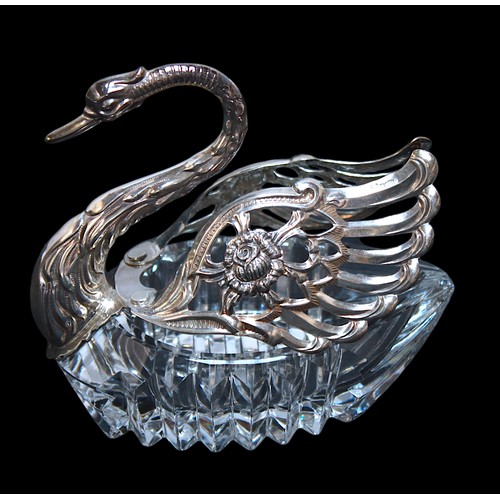 310 - A continental cut glass silver mounted swan salt, with import marks 'ELd', London 1972, the cut glas... 