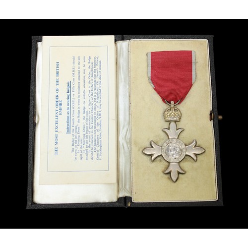 150 - An M.B.E. medal (Civil), with ribbon, unnamed as issued but fitted box with adhesive cloth label for... 