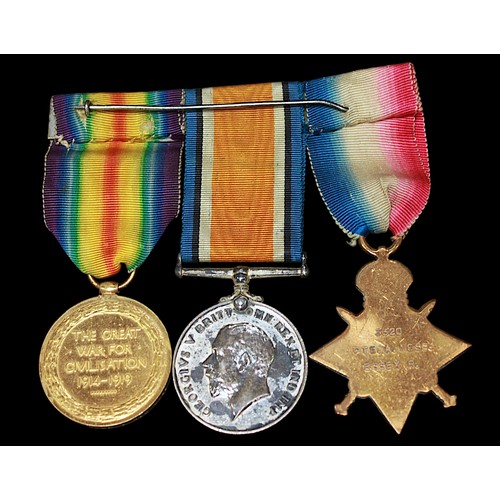 166 - A WWI medal trio, all with ribbons on bar, named to ‘3320 PTE. A. MOSS. ESSEX R.’ (COUNTER 1)