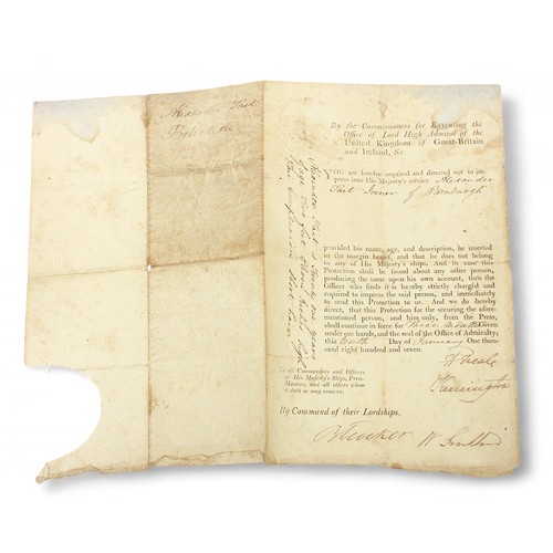 12 - British Naval History Interest:  A printed and part-inscribed official letter of exemption for 'Alex... 