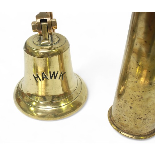 31 - A brass ship's bell cast with the name 'HAWK', on wall bracket, together with a sliding brass chart ... 