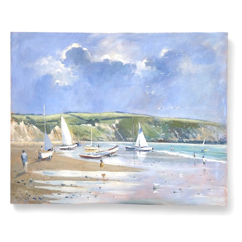 175 - ‘Drying Sails’, coastal study depicting Aberdaron, Wales, unframed oil on canvas, signed ‘Hogg’, dat... 