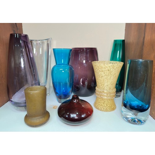 279 - Nine studio glass vases, of various sizes and forms, including a heavy clear glass trumpet vase, com... 