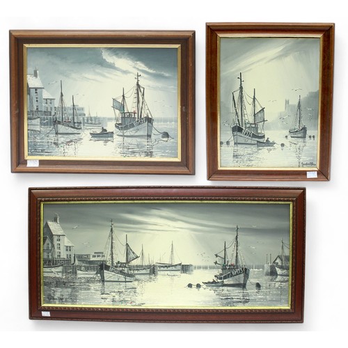 193 - Gordon Allen (British b1953), three various monochromatic studies of Brixham fishing boats, signed, ... 