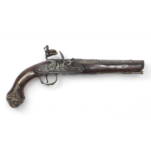 126 - An ornate 18th century flintlock pistol, possibly Irish, the 22cm steel barrel and lock cast with tr... 