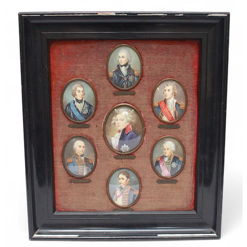 205 - A set of seven late 19th century oval portrait miniatures of naval figures Admiral Nelson, Admiral K... 