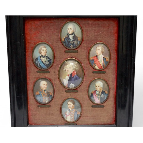 205 - A set of seven late 19th century oval portrait miniatures of naval figures Admiral Nelson, Admiral K... 