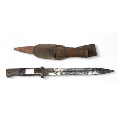 127 - A WWII German K98 Mauser Bayonet with scabbard and leather hanger, pitted 10-inch blade, rusted scab... 