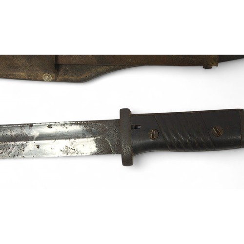 127 - A WWII German K98 Mauser Bayonet with scabbard and leather hanger, pitted 10-inch blade, rusted scab... 