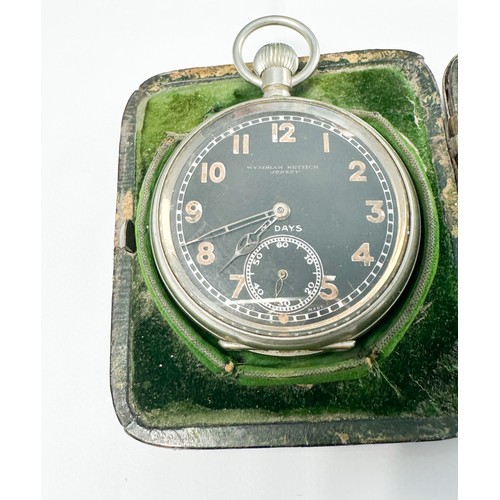 58 - A Military issue Octava 8-day pocket watch in a fitted leather case, the black dial marked 'Wyndham ... 