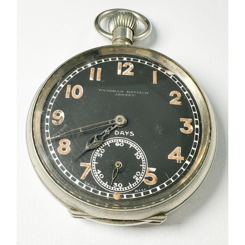 58 - A Military issue Octava 8-day pocket watch in a fitted leather case, the black dial marked 'Wyndham ... 