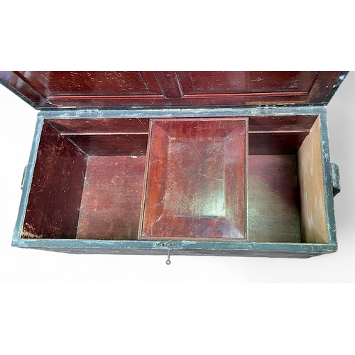 78 - A metal bound, black painted wooden shipwrights tool chest, with worn inscription to top, enclosing ... 