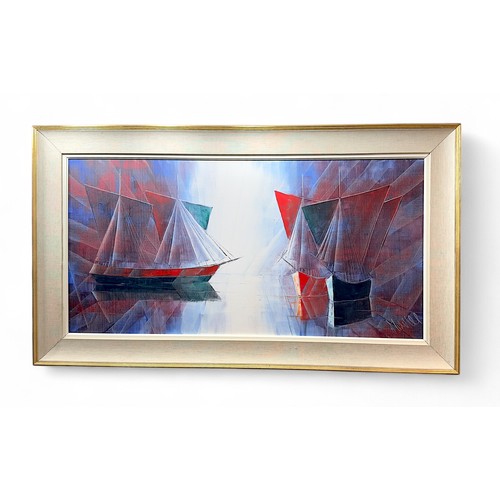 210 - 'Lights & Shades', 20th century school abstract study of three sailing boats, signed 'Marcel' and da... 