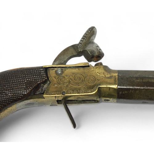 146 - A 19th century box lock percussion pistol (AF) together with two various powder flasks.