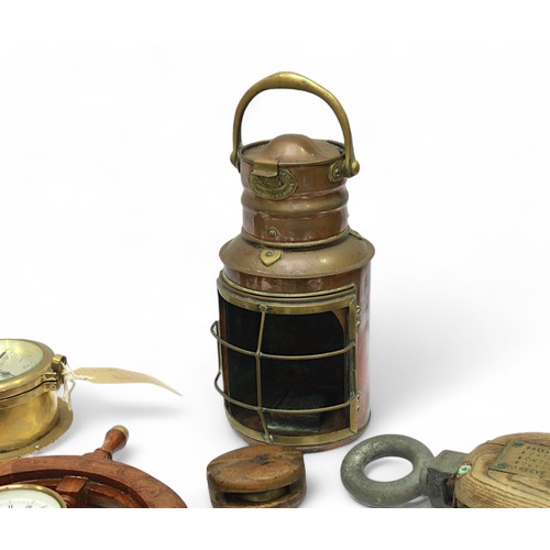 99 - A quantity various maritime collectables, including four wooden double and single rigging pulley blo... 