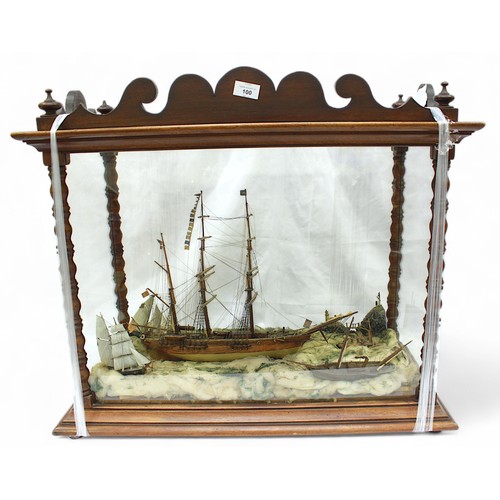 100 - A mahogany 'folk-art' four-glass glazed display case diorama, housing a 19th century model of a Wels... 