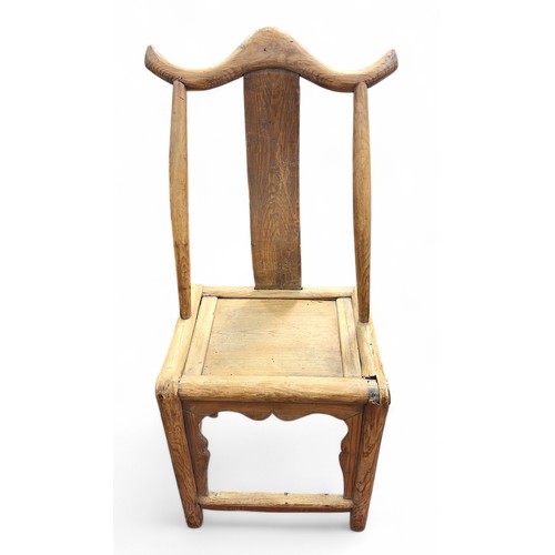 768 - A 19th Century Chinese elm scholar’s yoke back chair, printed character marks to back, 52cm.