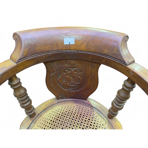 5 - An late 19th/early 20th Century captains chair, the back carved with Union Steamship Company monogra... 