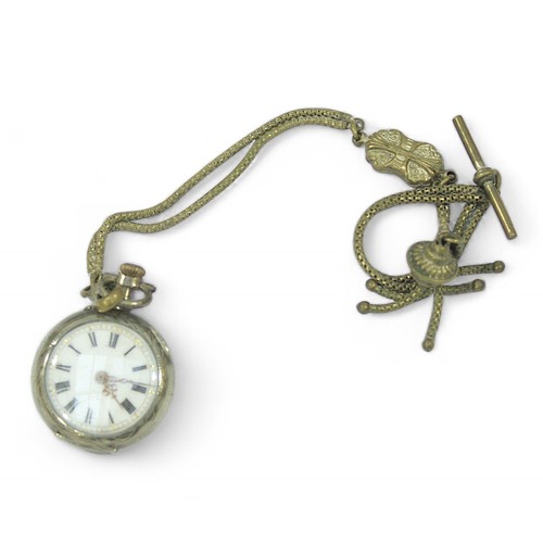 545 - A continental silver fob watch, on brass chain, a filigree brooch and a silver chain, together with ... 