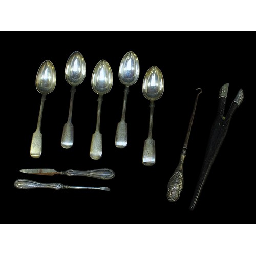 168 - A set of five Victorian silver teaspoons by John Stone, Exeter, 1854, fiddle pattern with monogram e... 