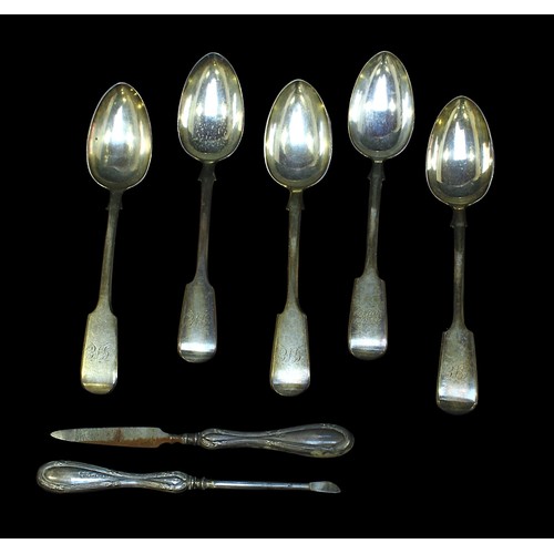 168 - A set of five Victorian silver teaspoons by John Stone, Exeter, 1854, fiddle pattern with monogram e... 