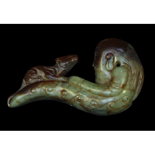 151 - A Chinese Nephrite Jade carved pendant figure of a sage with a rat, of serpentine profile, the man m... 