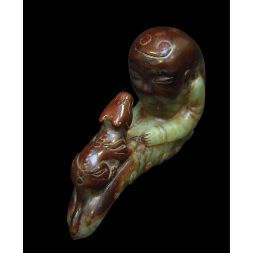 151 - A Chinese Nephrite Jade carved pendant figure of a sage with a rat, of serpentine profile, the man m... 