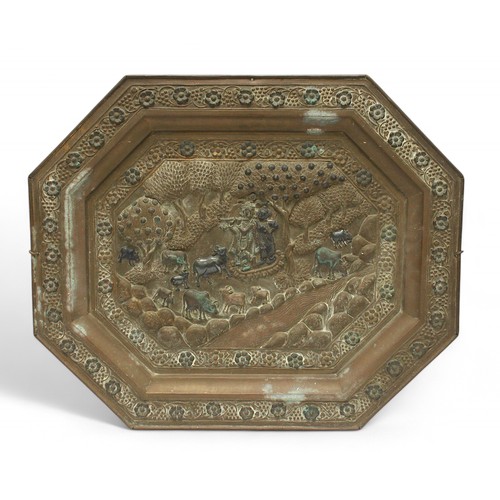 154 - An Indian or Burmese brass and white-metal mounted tray, of octagonal form, converted to hanging wal... 