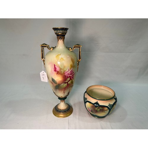 22 - A Royal Worcester twin-handled pedestal vase, 1908, painted with Hadley roses to cream ground, shape... 