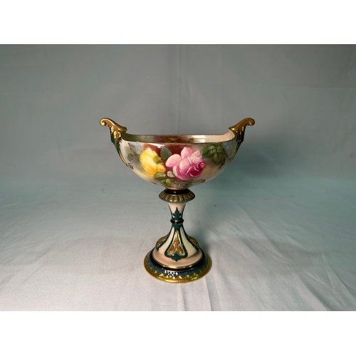 21 - A Royal Worcester twin-handled pedestal vase or sweetmeat dish, 1912, decorated with hand-painted Ha... 