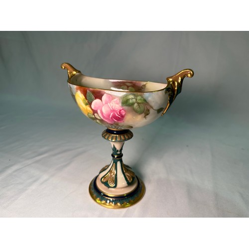 21 - A Royal Worcester twin-handled pedestal vase or sweetmeat dish, 1912, decorated with hand-painted Ha... 