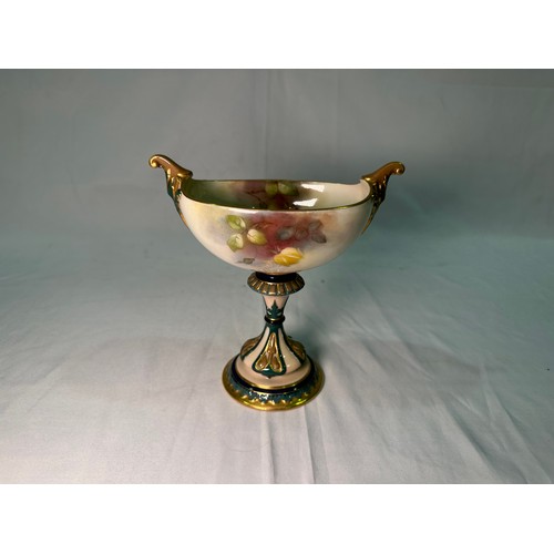 21 - A Royal Worcester twin-handled pedestal vase or sweetmeat dish, 1912, decorated with hand-painted Ha... 