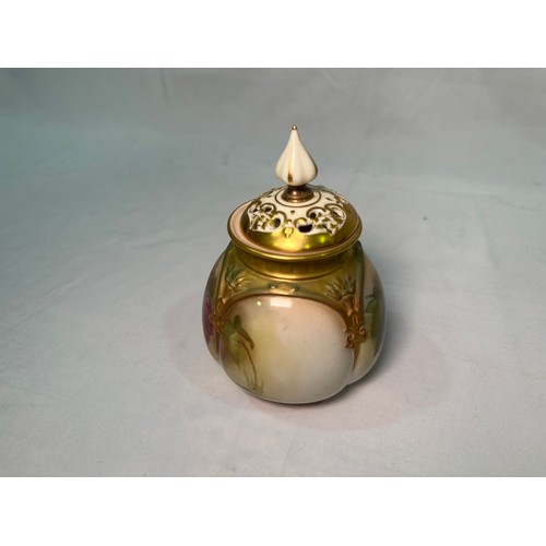 25 - A Royal Worcester small potpourri vase and cover, dated 1918, of bulbous form, decorated with hand-p... 