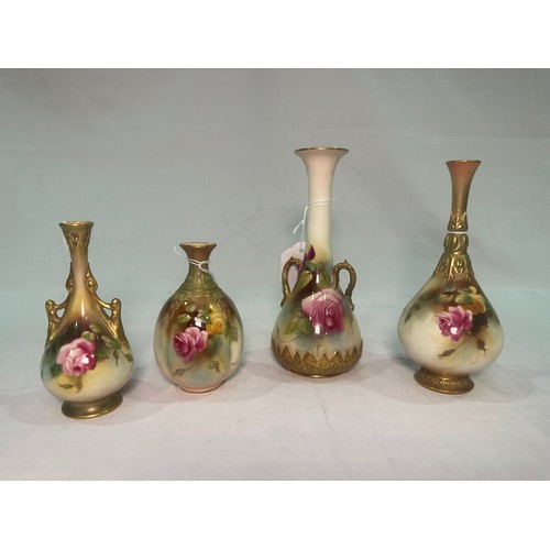 30 - Four various early 20th Century Royal Worcester tapering globular bud vases, hand-painted with pink ... 