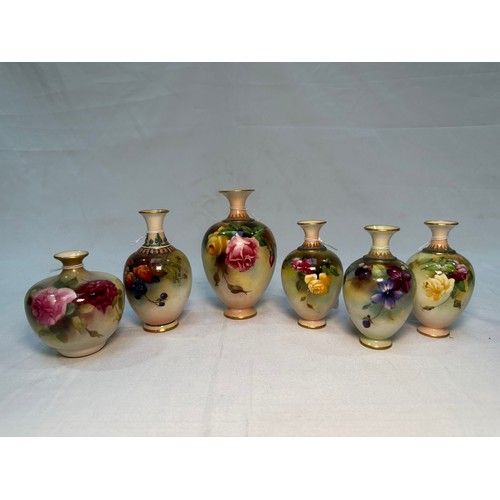 34 - Six assorted early 20th Century Royal Worcester bud vases, predominantly of ovoid form, hand-painted... 