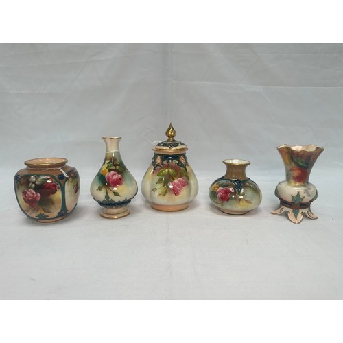 36 - Five assorted early 20th Century Royal Worcester vases, decorated with enamels and hand-painted in t... 