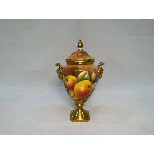 49 - A Coalport mid to late 20th Century twin-handled urn vase and cover, with moulded gilt ram’s head lu... 