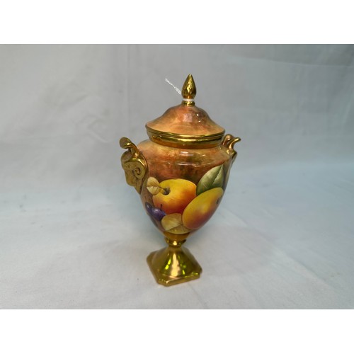 49 - A Coalport mid to late 20th Century twin-handled urn vase and cover, with moulded gilt ram’s head lu... 