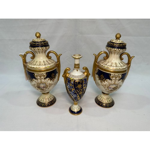 46 - A pair of late 19th / early 20th Century Coalport pedestal vases and covers (af), cobalt blue to cre... 