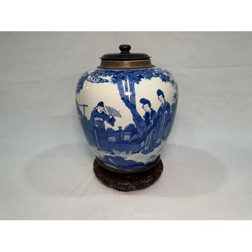 155 - A large Chinese porcelain ginger jar, probably Kangxi period, painted in underglaze cobalt blue with... 