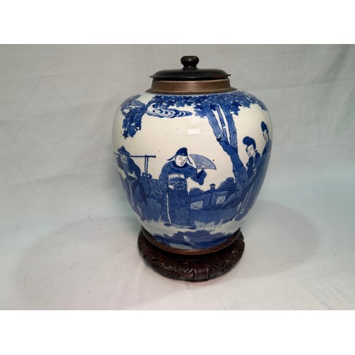 155 - A large Chinese porcelain ginger jar, probably Kangxi period, painted in underglaze cobalt blue with... 