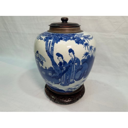 155 - A large Chinese porcelain ginger jar, probably Kangxi period, painted in underglaze cobalt blue with... 