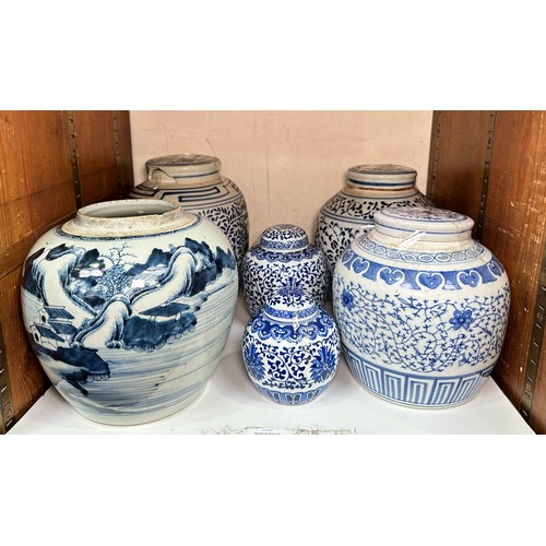 157 - Six various Chinese porcelain ginger jars, all decorated in underglaze cobalt blue, (one lacking cov... 