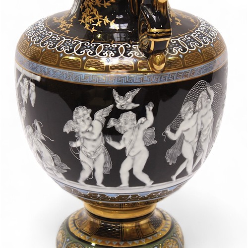 88 - A 20th century twin handled vase and cover, in the Minton pâte-sur-pâte style, decorated with cherub... 